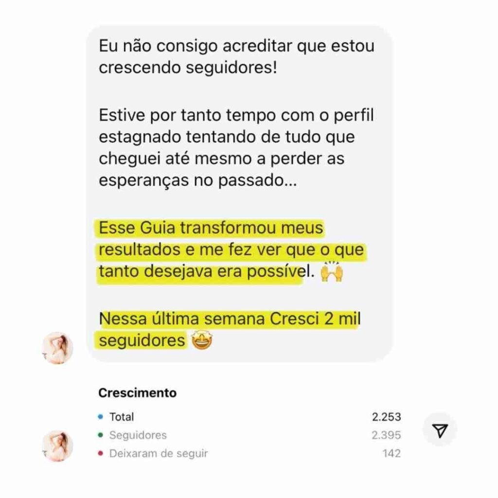 Resultados de crescimento no Instagram com mais de 2.000 seguidores por semana - estratégia de marketing digital.