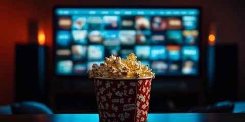 Filme em casa assistindo TV com pipoca, lazer e entretenimento no cinema em casa.